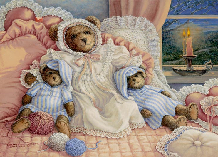 Sleepy Time Bears, a painting of a large bear with smaller ones on either side, all wearing nightgowns and hats for bed, one of the Janet Kruskamp Teddy Bear Gallery of  original paintings by Janet Kruskamp