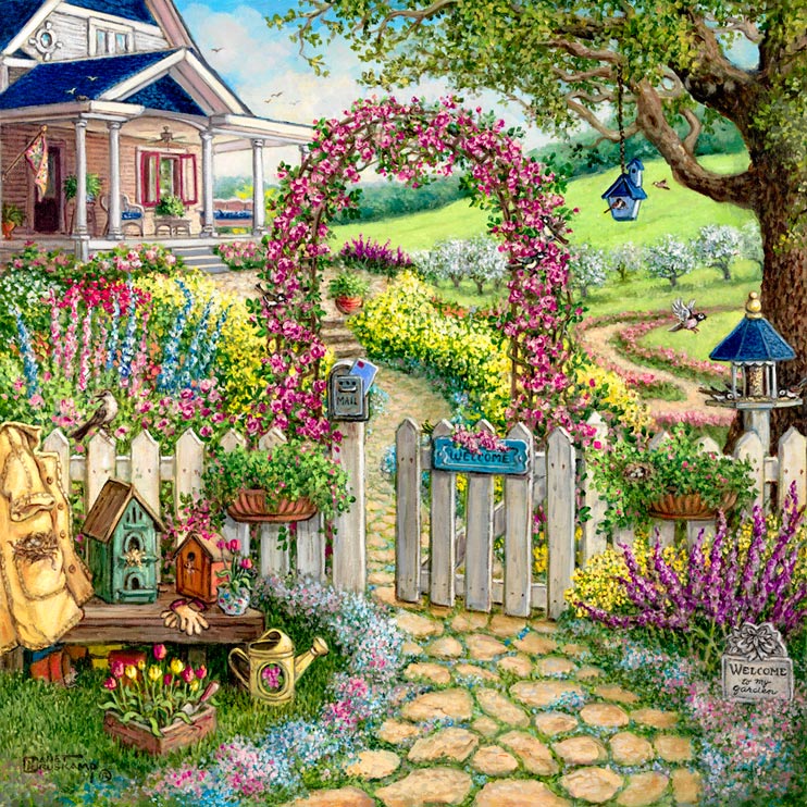Spring Concert, a colorful painting by artist Janet Kruskamp presents an explosion of colored flowers in peak blossom. A cobblestone walkway curves up the little hill, through the worn white picket fence to the front porch of the old house. As you walk through the open gate and the pink arch of flowers above you, the flowers surround you with bright blossoms of all colors. Tall spears of bright bulbs sway amidst a sea of shorter flowers. A low bench outside the picket fence holds two birdhouses and the garden apron. Another fancy birdhouse sits on a white post just inside the fence, another hangs from the tree on the right. The hill that slopes up away from the house is bordered by trees in full white blossom. One of the Interior and Exterior Gallery of paintings by Janet Kruskamp.
