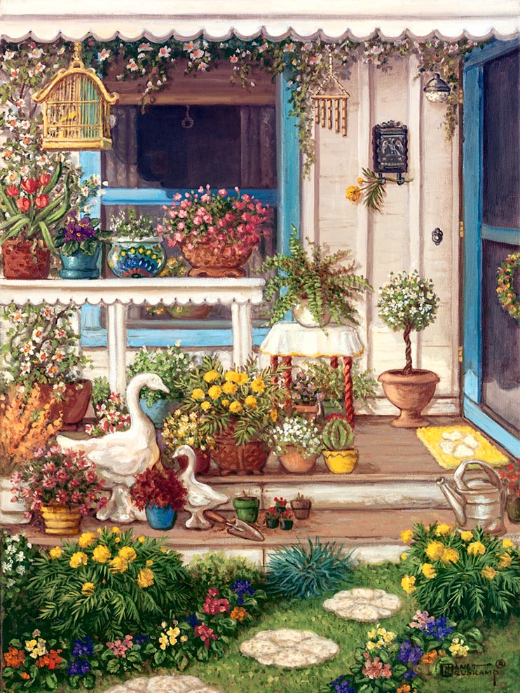 Spring Front Porch, an original oil painting and a giclee , personally enhanced and by the artist Janet Kruskamp showing the front door, window and open porch. Round, off-white paving stones with a rosette pattern lead up to the two steps of the porch, bordered on either side with brightly colored flowers. A white wooden table sits in front of the front window holding bright vases filled with blooming flowers. A wooden bird cage swings from the overhead eave and statuary of a swan mother and young leads up the first step.