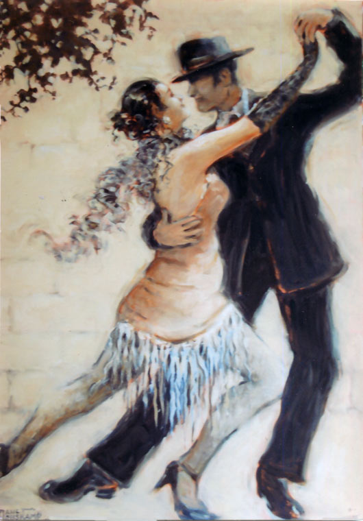 Tango Allure, an original oil painting by Janet Kruskamp available as an original painting in various sizes. The romantic image features a man and woman tango dancers, captured at the peak of a move to the right, hands in the front are stretched high together, back legs are thrust out to the left. Her front leg is bent and between his, both dancers are fully extended in a classic pose. Her feathery scarf billows behind her neck, and the fringed bottom of her dress hangs between her legs. The dancers are posed in front of a soft white block wall, topped by the tip of a tree branch in the upper left corner.