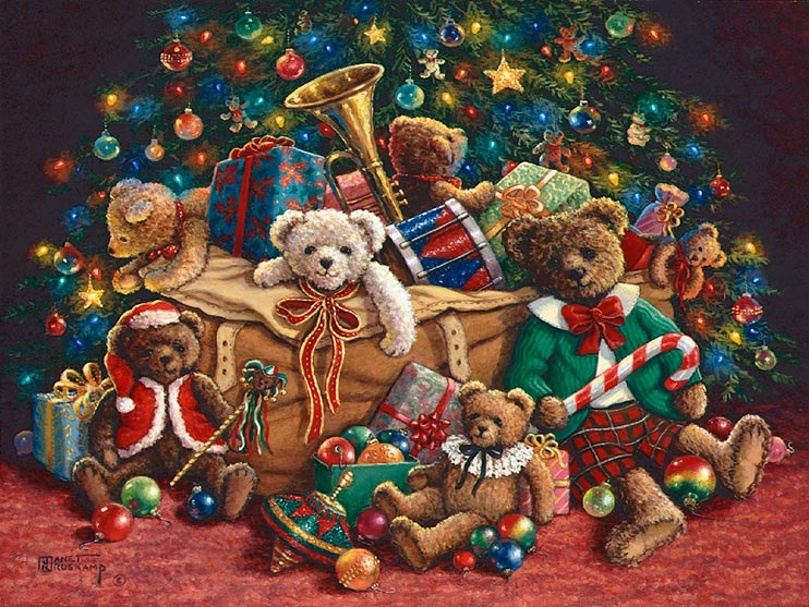 Teddy Bear Christmas, a new holiday painting from Janet Kruskamp. Teddy bears come out everywhere in this Christmas painting. Gaily dressed, the bears are in and around a large brown canvas bag full of presents and bears. A trumpet and drum poke out the top of the bag, sitting in front of a large christmas tree decorated with bulbs, bear ornaments, and soft blue lights. A top sits on the rust colored carpet in front of a bear wearing a lace collar. A fully dressed brown bear sits on the right holding a large candy cane. One of the Janet Kruskamp Teddy Bear Gallery of original paintings hand by Janet Kruskamp.