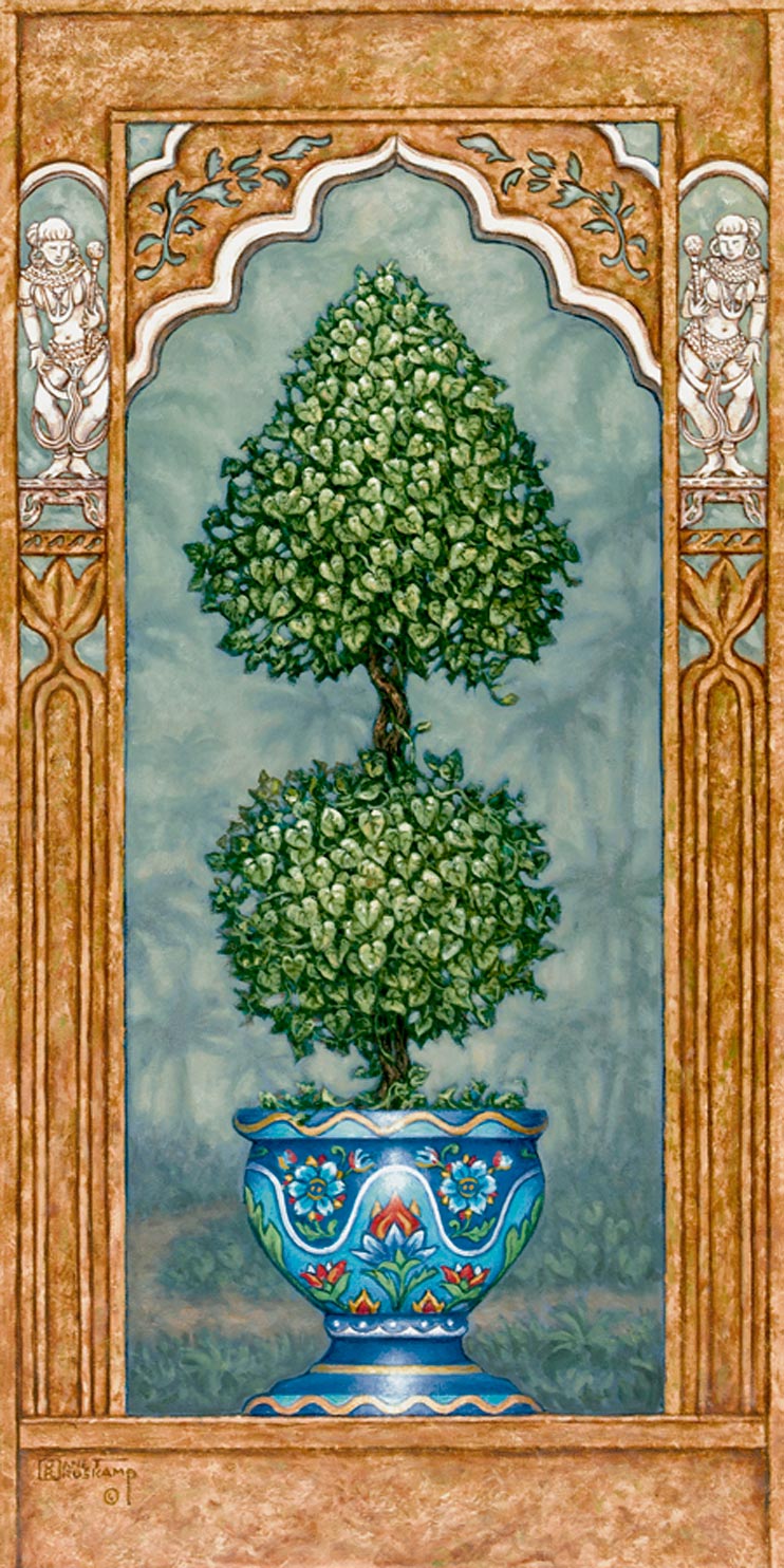 Temple Topiary 1, a painting of a carefully sculpted tree in a blue planter, one of Janet Kruskamp's Original Oil Paintings, ,  by artist Janet Kruskamp