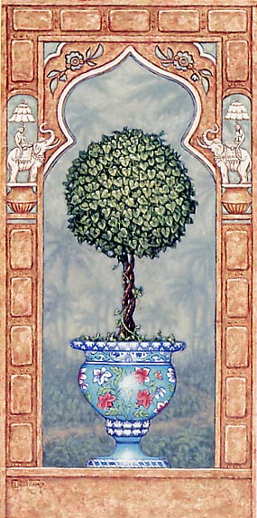 Temple Topiary I1, a painting of a carefully sculpted tree in a brightly painted blue planter, one of Janet Kruskamp's Original Oil Paintings, ,  by artist Janet Kruskamp