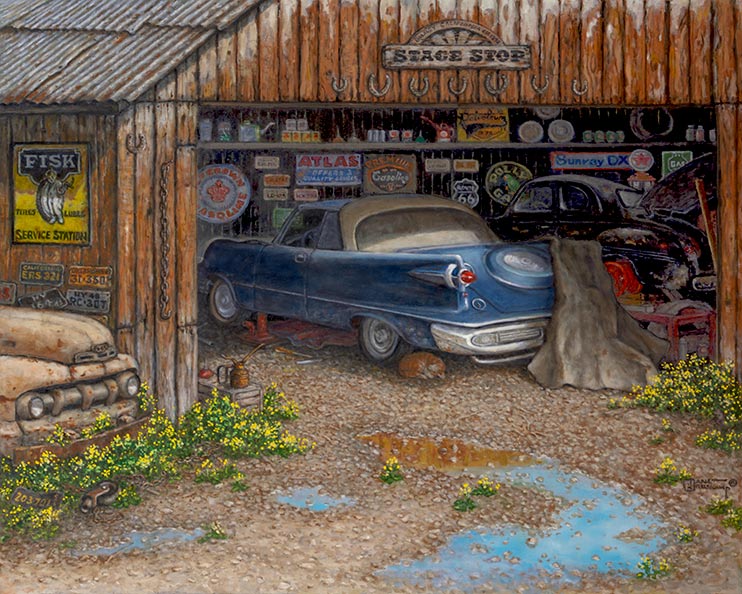 The Collector, a painting by artist Janet Kruskamp, presents the contents of the collector's garage. Vintage signs, oil cans and auto parts line the shelves and walls of the garage, inside and out. A classic blue two-door coupe with large fins sits in front of an older black car. The front grille of a pickup truck peeks out from the side of the garage while a ginger tabby cat naps under the blue car. The sky and building is reflected in the puddles in the driveway. Over the wide open garage door is a sign Stage Stop with a row of  horseshoes nailed  under the sign. Vintage license plates finish off the side of the garage.