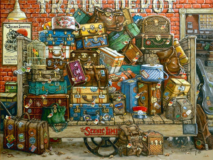 The Scenic Limited, an original oil painting on canvas by artist Janet Kruskamp, depicts and old-fashioned wooden baggage cart laden with suitcases, bags, trunks, a birdcage, hat boxes and a rucksack. A bright red topped cap rest on the leafblown cart sitting in front of a red brick wall with Train Depot painted on the brick. A poster advertising The Scenic Limited train is on the brick wall, illuminated by a hanging light. Over the right side of the cart the baggage room is seen.