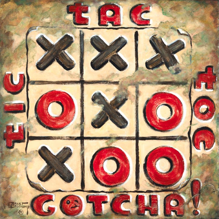 Tic Tac Toe, another original painting available from Janet Kruskamp Studios. The simple child's game is immortalized in this wonderful painting featuring a tic tac toe game of black exes and red ohs, bordered on the top three sides by tic tac toe, with GOTCHA! across the bottom. The game grid's corners look like they could lift off to start a fresh game, the upper corner is worn down to the metal, matching other areas that look extremely worn. This painting is available for purchase as an original oil or acrylic on canvas painting by the artist Janet Kruskamp.