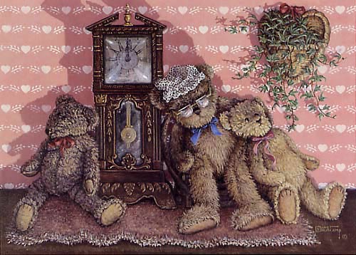 Time Out, a painting of three bears leaning comfortably against a small pendulum clock, one of the Janet Kruskamp Teddy Bear Gallery of  original paintings by Janet Kruskamp