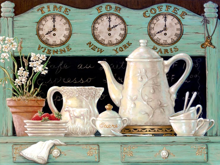 Time for Coffee displays another detailed antique coffee set. In this oil painting we see the coffee set already used with have eaten strawberries and a cute potted plant. Above the chalk menu are clocks for Vienna, New York, and Paris. This is part of Janet’s Kruskamp’s newer original paintings, and hand signed.