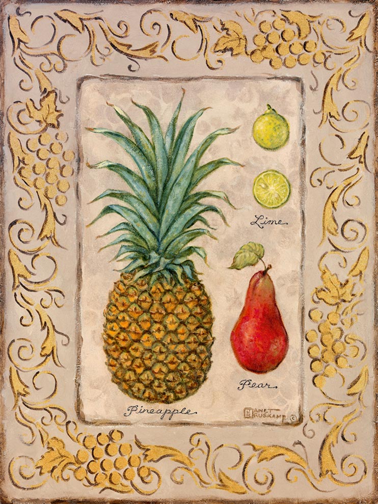 Pineapple, Limes, a Pear are displayed in second series of “Tropical Fruit.” Ms. Kruskamp used soft and tropical colors that give life to the fruit she has painted. The original painting has a detailed border of grapes and vines giving the painting that extra “Tropical” feel. Hand signed and personally enhanced by Janet Kruskamp.
