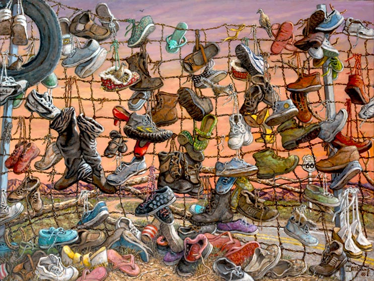 Walking Route 66, a whimsical painting by artist Janet Kruskamp, depicts a wire fence alongside Route 66 with every imaginable type of shoes tied to the fence. The two lane blacktop with the Route 66 marker is visible behind the shoes, boots, sandals, slippers and a tire hung on the fence. Shoes are piled at the base of the fence haphazardly and a dove sits at the top of the fence looking back. Craggy, purple tinged mountains are visible on the horizon through the fence. An orange sky shows clouds and the coming sunset behind the scene. Another orginal oil available directly from the artist, Janet Kruskamp.