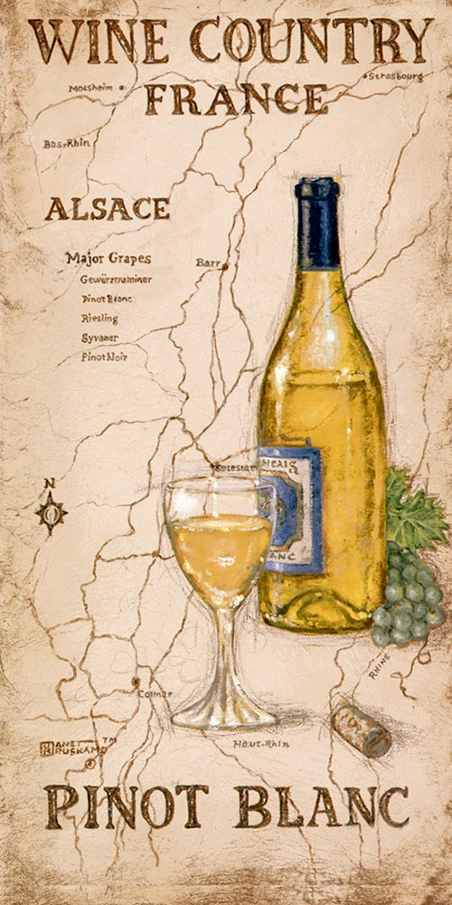 Wine Country III, a giclee , personally enhanced and by the artist Janet Kruskamp featuring an uncorked bottle and glass of Pinot Blanc wine with a bunch of light colored Pinot Blanc grapes. The background is an antique looking map of the Alsace wine country in France. 