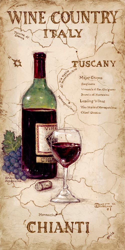 Wine Country IV, a giclee , personally enhanced and by the artist Janet Kruskamp featuring an uncorked bottle and glass of Chianti wine with a bunch of dark colored Chianti Grapes. The background is an antique looking map of the Tuscany wine country in Italy. 