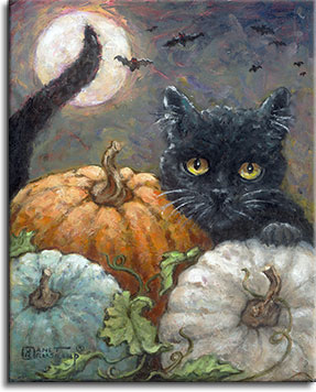 A wide eyed black cat looks out over the orange, white, and green pumpkins, his tail twitching in the air in front of the full moon. Red eyed bats fly across the night sky in the distance. The black cat's bright yellow eyes stares intently, and with the cat's left paw on top of the white pumpkin, he's ready to pounce. 