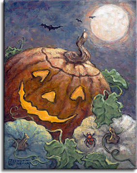 A smiling jack-o-lantern sits at an angle in front of two white pumpkins and their vines, illuminated from the inside with a soft yellow glow. A bright red-patterned spider is cimbing up the ace of the white pumpkin on the right. Red eyed bats fly in the night sky in the background against the bright full moon. 