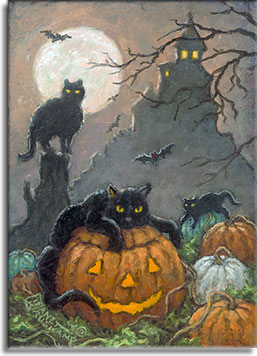 A spooky Halloween scene that has it all! Pumpkins, black cats, evil bats, the scary house at the top of the hill, and all under a full moon. Black cats lounge on top of a pumpkin, and a glowing jack-o-lantern. Another cat perches on top of a small tree stump. A small house on top of a hill beckons you with glowing windows. Leafless tree branches move in the wind against the dark night sky.