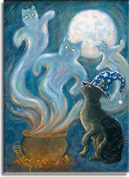 The spirits have been summoned by the black cat wearing the sorcerer's blue hat. Three ghosts are coming out of the hot cauldron, heading for the dark blue sky lightened by a full moon. The cat's yellow glowing eye is watching the ghosts rise. Only on All Hallows Eve.