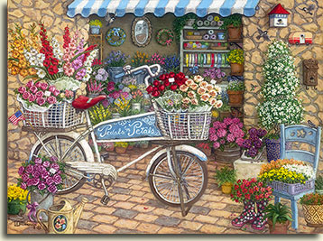 Fresh flowers adorn this little flower stand. Tucked away behind a rock wall, this cozy store offers brightly colored cut flowers for sale. An old delivery bicycle, parked in front on the brick walk, holds overflowing baskets on the front and back holding gladiolas, roses and more. A silly pair of colored boots is used as planters to hold small red flowers. From peach and purple, gold and yellow, pink, red and white, Pedals 'n Petals has your flower needs covered.