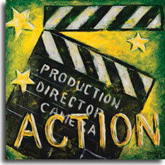 Janet Kruskamp presents Action, one of her vintage movie poster collection. The bright yellow and green background of this poster make the clapper board jump right out at you. This poster is the final step in the movie production sequence LIGHTS, CAMERA, ACTION. The director yells ACTION, someone marks the beginning of the scene with a clack of the marker being snapped together. The sharp sound helps synchronize the sound to the film, matching the split second of the film when the clapper closes with the sharp sound on the soundtrack. The chalk board part of the bottom of the clapper lists production, director, camera, and on top of them near the bottom of the poster is the weathered word ACTION. Three golden stars complete this wonderful addition to your home theater.