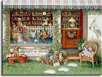 Adopt a Bear, a painting of a teddy bear shop with a back wall full of teddies, also displayed in front of the store in a basket, wagon and chair. The large display window is home to nearly a dozen teddy bears while the shelves on the back wall of the shop are lined with smaller stuffed teddy bears. One of the Janet Kruskamp Teddy Bear Gallery of Original Oil Paintings and  Original Paintings by Janet Kruskamp