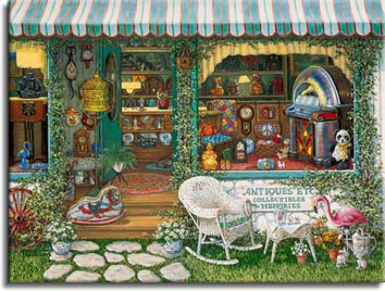 Antiques Etc, a painting of an antique shop window and front yard of shop shows antiques and collectibles from the 1920's through the 1970's, part of Janet Kruskamp's Interior and Exterior Scenes Paintings Gallery of original oil paintngs. 
Items include a stuffed panda, a wooden rocking horse, a brightly colored jukebox, novelty clocks, lamps, and ceramics. A small white wicker rocking chair and table sit out in front of the sign under the window. A pink flamingo sits outside as well. Ceramics, toys, a large vintage radio and a brightly colored quilt fill the store. Ivy entwines the building and is growing through a red wagon wheel outside the store on the left. A gold birdcage is perched outside the open door. An original oil painting by Janet Kruskamp.