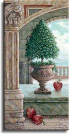 Apple and Topiary, a painting of apples fallen from a sculpted apple tree in marble arches and columns,one of Janet Kruskamp's original paintings,  by artist Janet Kruskamp