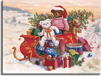 Sitting on a snowy road in a winter landscape, three adorable stuffed teddy bears bring a sleigh full of toys and christmas cheer. Overflowing with presents and a lovingly detailed fully decorated christmas tree, the red sleigh sits in front of a beatifully colored sunset. A larger dark brown bear, wearing a red Santa hat and cute pink sweater decorated by a single snowflake on the chest, sits in the middle of the sleigh. A smaller white bear wearing a red and gold ribbon tied in a bow sits in front, turned and smiling to the viewer. A smaller brown bear hangs over the back of the sleigh. Christmas tree ornaments are dropped along the road behind the sleigh, along with a solitary candy cane. One of the Janet Kruskamp Teddy Bear Gallery of Original Paintings hand by Janet Kruskamp.