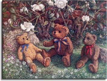 Bears and Roses, a painting of three teddy bears sitting in front of  the white rose bush, one of the Janet Kruskamp Teddy Bear Gallery of Original Oil Paintings and  Original Paintings by Janet Kruskamp