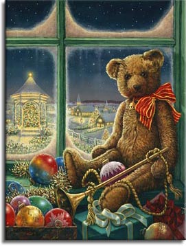 Bentley Bear, wearing a bright red with gold lines ribbon tied around his neck, sits on the window sill in front of a frosty winter window. Surrounded by toys, presents and ornaments, Bentley holds a long brass horn down his near side. The night landscape through the window is brightly lit with holiday lights, the gazebo outside is glowing with light, illuminating a broad Christmas tree that fills the gazebo. Even the buildings in the distance glow with a soft light. One of Janet Kruskamp's new holiday paintings available directly from the artist, Janet Kruskamp.