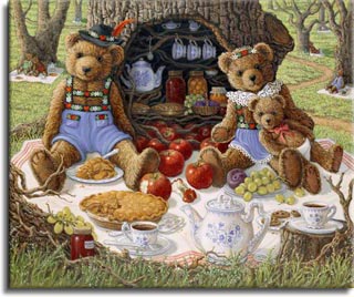 Bentley's Family Picnic, a painting of Bentley Bear and his wife and baby enjoying apple pie and tea in front of the hollow tree that holds their pantry, one of the Janet Kruskamp Teddy Bear Gallery of  Original Oil Paintings by Janet Kruskamp