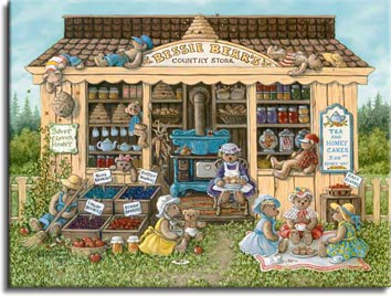 Bessie Bears Country Store, a painting of a store centered around an antique blue stove with over a dozen teddy bears sleeping, having a tea party or just sitting, one of the Janet Kruskamp Teddy Bear Gallery of Original Oil Paintings and  Original Oil Paintings by Janet Kruskamp