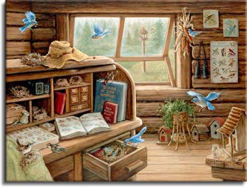 Bird Watchers Retreat a painting of a mountain cabin filled with books and memorbelia collected over the years by an avid birdwatcher. Books illustrating feathers and boxes of bird eggs, an old box camera, posters of birds and the birds themselves nesting in the cabin, can be seen everywhere. From Janet Kruskamp's Interior and Exterior Scenes Paintings Gallery, featuring original oil paintngs by Janet Kruskamp.