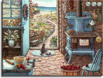 Blue Stove, a painting by Janet Kruskamp, an antique stove sits in old country kitchen by the sea. Apples are being peeled and pie dough is rolled out in preparation for the making of  a pie. A mother cat and one of her kittens sun themselves in the doorway, while other kittens frolic on the warm cobblestone
floor. Another painting from the Interior and Exterior Scenes Paintings Gallery of Original Oils and  Original Paintings, by Janet Kruskamp.