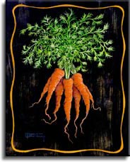 They always said that carrots were good for your eyes, now I know what they meant. Bright orange and the perfect shade of green make these carrots just right. The same background and border is used to ensure that this vegetable bouquet gets all the attention. This original painting as been hand by Janet Kruskamp.