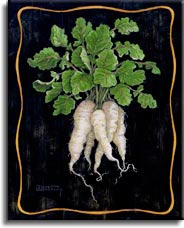White radishes and soft green leaves make the radishes in this bouquet good enough to eat. The background has an antique feel, with the lighter colors showing through the black paint. The gold border gives the vegetable bouquet a touch of elegance. Hand signed and original painting by Janet Kruskamp.