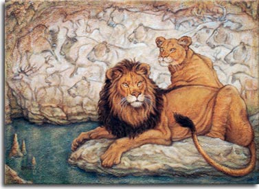 Chauvet Cave Revisited, an original painting by artist Janet Kruskamp using oil and mixed media on canvas. A male and female lion rest on a rock in front of a cave wall stone age drawings of lions, bison, deer and elk. Many lions are shown, all in profile, appearing to be heading toward the other animals, suggesting the hunt. The male lion lies across a rock jutting out into the clear cave pool, small stalagmites poking up through the water. The cave paintings are replicated from the amazing Chauvet Cave in southern France, wall drawings depicting animals three hundred centuries ago.