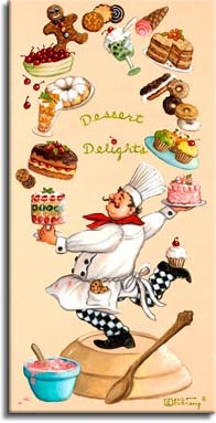 Whimsical Chef Dessert Delights, one of a set of four original oil paintings by artist Janet Kruskamp. This tall, narrow poster features the whimsical chef performing a magical juggling act, keeping four decorated cakes, donuts, cookies, a bowl of cherries, a plate of decorated cupcakes, a couple of sundaes and an ice cream cone. And if that's not enough, the sole of his right foot raised behind him holds a decorated cupcake. The chef stands on a giant wide mixing bowl turned upside down, a smaller blue bowl holds pink batter ready to bake. A monstrously large spoon nearly as tall as the chef completes the scene. This highly detailed painting is available for purchase as an original oil or acrylic on canvas painting by the artist Janet Kruskamp.