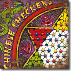 Chinese Checkers, another original painting available from Janet Kruskamp Studios. This brilliantly colored poster features a royal purple, red, yellow, gold, green and white decorated chinese checker board. A green fire-breathing dragon inhabits the upper and left side over stylized lettering of CHINESE CHECKERS. Between the star points of the playing area, red roofed pagodas sit against a green plant background. Colored marbles sit in the worn holes on the checkerboard. Wonderfully worn and aged, this looks like this poster has seen a few rough years. This colorful painting is available for purchase as an acrylic on canvas painting by the artist Janet Kruskamp.