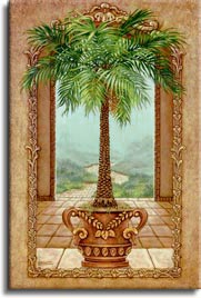 Classical Palm Tree, a painting of a potted palm tree inside an open arch and in front of another arch framing the path away from the palace, one of Janet Kruskamp's Original Oil Paintings, ,  by artist Janet Kruskamp