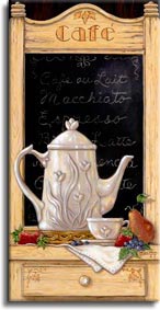 Coffee n’ Fruit I, an oil painting of coffee serving essentials, fresh fruit and a lovely menu. We see a detailed porcelain coffee pitcher with a matching cup sitting on its saucer. Pears, strawberries, and grapes add the perfect assortment of colors needed to enhance the menu background. The first of two smaller original paintings  in Janet’s  coffee still life’s collection. Like all of Janet’s work, Coffee n’ Fruit is hand signed.