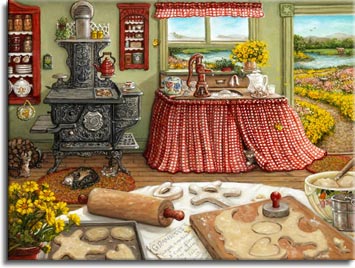 Cookie Baking Day by painter Janet Kruskamp recalls an earlier time, showing lovley antique stove, water pump, rolling pin and cookie cutters in a kitchen scene. Cut-out cookies sit on a tray ready to go in the oven and more cookie dough is being cut into cookies. A tabby cat naps curled up in front of the wonderful old wood stove and an open door beckons you down the golden flower lined path towards a shimmering pond. Another wonderful Original Painting from Janet Kruskamp's Interior and Exterior Scenes Paintings Gallery of original oil paintngs by Janet Kruskamp.