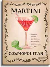 Cosmopolitan, an original painting,  personally by artist Janet Kruskamp showing a clear single stem martini glass with a green olive, stirrer and lemon twist. The recipe for a dry martini is next to the glass.