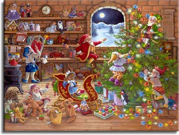 Countdown to Christmas, a new holiday painting from Janet Kruskamp. In this painting from artist Janet Kuskamp, Santa's elves are working on the final touches for Santa's deliveries. Toys are everywhere, the shelves on the wall, on the floor, under the workbench. Stuffed teddy bears, dolls, cars, toy soldiers and a beautiful red sleigh are also ready to go. The clock on the top shelf shows a quarter to midnight while one elf puts the finishing touches on a sled. Another one is putting the final stitches in a teddy bear, and two more are finishing the tree decorations - one hanging lights and the other elf stringing the glowing lights that are across the floor in the foreground. The long scroll of Santa's list hangs on the wall, and a calendar shows December.