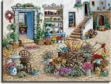Janet Kruskamp's Paintings - Courtyard Flower Shoppe, a painting of a colorful courtyard in front of the flower shop. Flowers sit everywhere, including around and in a small cart in the right foreground. Flowers and pots sit on shelves built into the outside wall while a fountain streams water out of a wall in the background. One of the Gardens and Florals Gallery of Original Oil Paintings and  original paintings by Janet Kruskamp