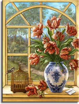 Janet Kruskamp's Paintings - Dragon Tulips, a painting of a white porcelain vase with blue decoration holding dragon tulips, sitting on a window sill overlooking a path outside. A small bird sits atop a small wire cage on the sill next to the vase and loose tulips. One of the Gardens and Florals Gallery of Original Oil Paintings and  original paintings by Janet Kruskamp
