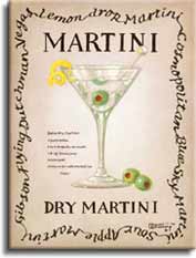 Dry Martini, an original painting  by artist Janet Kruskamp showing a clear single stem martini glass with a green olive, stirrer and lemon twist. The recipe for a dry martini is next to the glass.