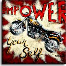 Empower Yourself, a poster painting available from the artist, Janet Kruskamp. This weathered, vintage poster shows a powerful road bike lifting off from right to left. This chrome, black and flames motorcycle sits on top of a white starburst with faint highway signs showing Route 66 and California's Highway 101 among others in the background. A dark red background with the words EMPOWER Your Self above and below the powerful cycle. Order your own original painting print of this bright poster.