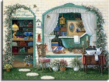 Fancy Bath Shoppe a painting of the window and front yard of the Fancy Bath Shoppe displays an antique claw foot bathtub, towels, soaps, lotions and an antique washstand with water pitcher and wash
bowl. Another Janet Kruskamp Interior and Exterior Scene, featuring original oil paintngs by Janet Kruskamp.