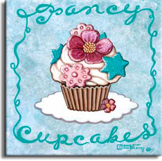 Fancy Cupcakes, one of the cupcake poster series from renowned artist Janet Kruskamp. A white doily holds a very fancy cupcake in the middle of a light blue poster. A scrolled border incorporating Fancy and Cupcakes at the top and bottom circle all four sides. A cupcake, still in the paper, is decorated with white frosting swirls and covered with a perfect purple peony, blue stars that match the color of the border, more pink flowers and a tiny pink blossom leaning against the bottom of the cupcake. This appetizing poster is available from the artist Janet Kruskamp