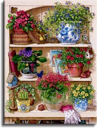 Flower Cupboard, one of Janet Kruskamp's Paintings of an overflowing cupboard of three shelves holding half a dozen different flowers, all potted in different pots and baskets, one small cactus plant and a small birdhouse sit in front of the flowers on the bottom shelf. One of the Gardens and Florals Gallery of Original Oil Paintings and  original paintings by Janet Kruskamp