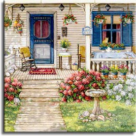 Summer Front Porch, an original oil painting and a giclee , personally enhanced and by the artist Janet Kruskamp showing the front door, narrow window and a deck like porch. Round aggregate paving stones lead up to the three steps of the porch, bordered on the right side with brightly colored white and red flowers. A wicker chair sits behing the white railing of the porch surrounded by pots of bright blooming flowers. Three colorful watering cans serve as planters on the second step up. A hanging chain of carved letters spells out WELCOME on the front rail post.